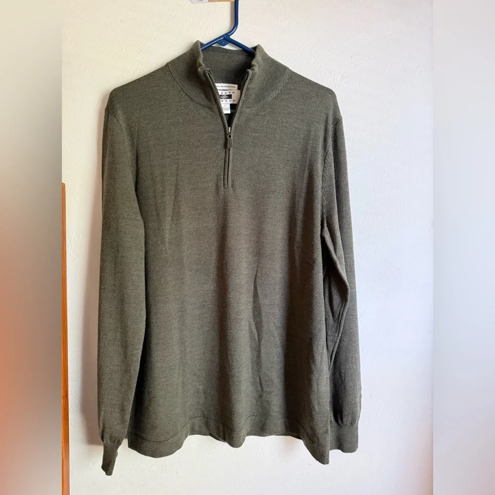 L/Merino wool 💯 NWOT  JOSEPH ABBOUD Men's Olive Green Half-Zip Sweater - Picture 6 of 12